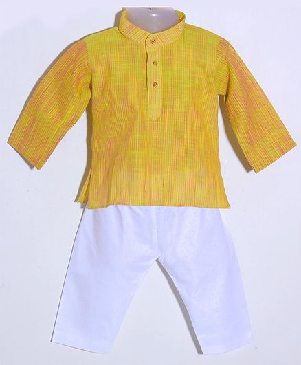 JAV Creations Handloom Self Printed Full Sleeves Kurta With Pyjama Set - Yellow Green & White
