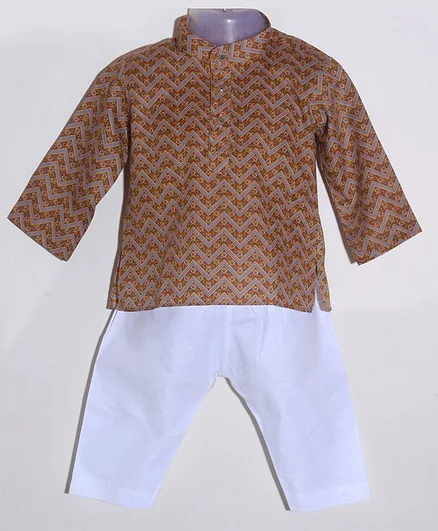 JAV Creations Full Sleeve Chevron Printed Kurta With Pyjama Set - Brown & White