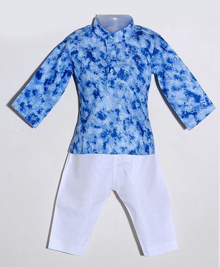 JAV Creations Full Sleeves Leaves Printed Kurta With Pyjama - Blue & White