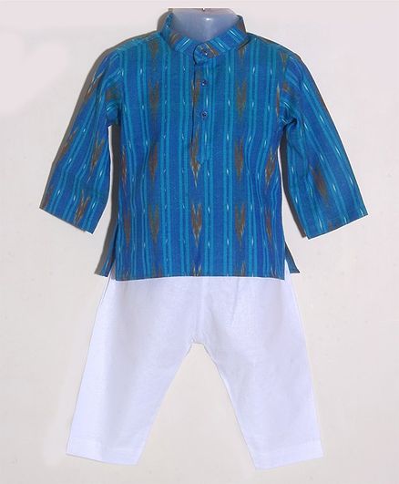 JAV Creations Full Sleeves Ikat Printed Kurta With Pyjama Set - Blue & White