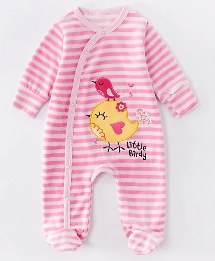 Kookie Kids Full Sleeves Winter Wear Footed Romper Bird Embroidery - Pink