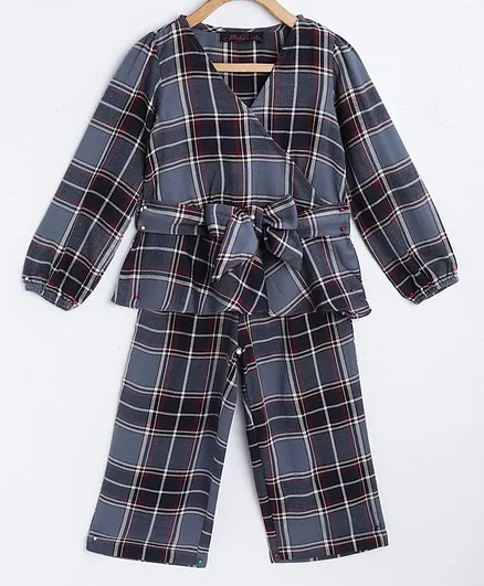 Pspeaches Full Sleeves Checked Flared Hem Wrap Top & Trouser Set - Grey