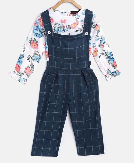 Pspeaches Full Sleeves Flower Print Top With Dungaree - Blue & White