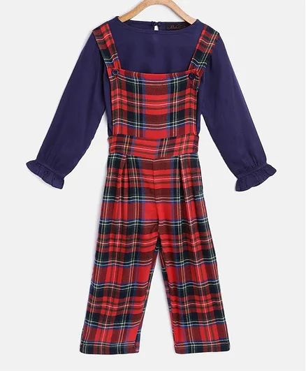 Pspeaches Full Sleeves Puffed Solid Color Top With Checked Dungaree Set - Red & Blue