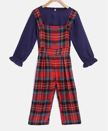 Pspeaches Full Sleeves Puffed Solid Color Top With Checked Dungaree Set - Red & Blue
