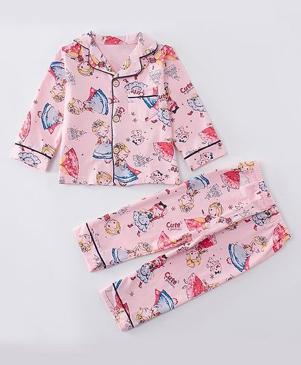 Kookie Kids Full Sleeves Night Suit Princess Print - Pink