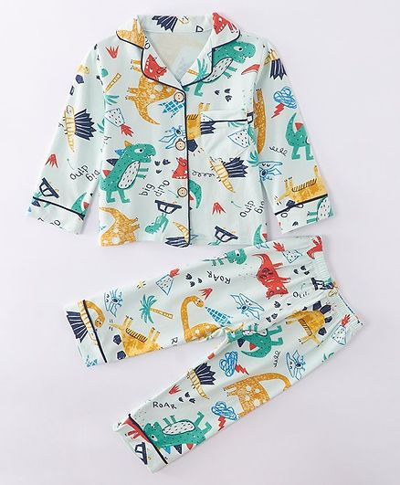 Kookie Kids Full Sleeves Night Suit Dino Print - Green