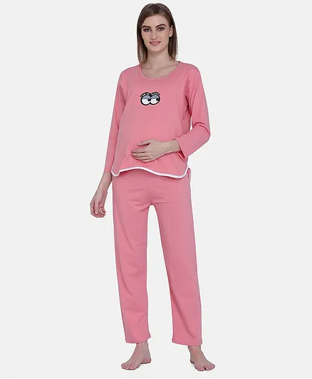 MAMMA PRESTO Full Sleeves Sleepy Eyes Printed Feeding Night Suit Set - Peach