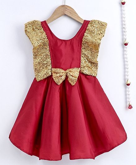 BownBee Sleeveless Frilly Sequined Bow Fit & Flared Party Dress - Maroon