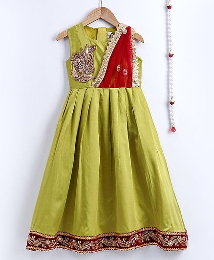 BownBee Sleeveless Flower Embellished Flared Gold Linen Party Gown - Green