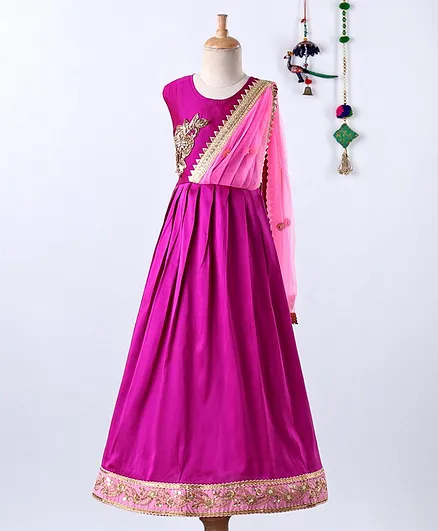 BownBee Sleeveless Flower Embellished Flared Gold Linen Party Gown - Pink