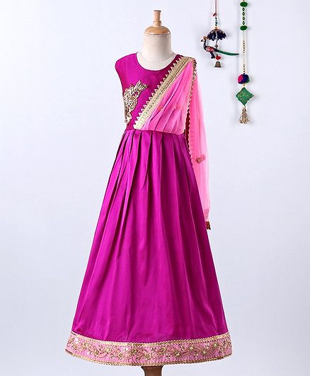 BownBee Sleeveless Flower Embellished Flared Gold Linen Party Gown - Pink