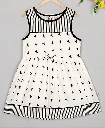 Budding Bees Sleeveless Birds Printed Dress - White
