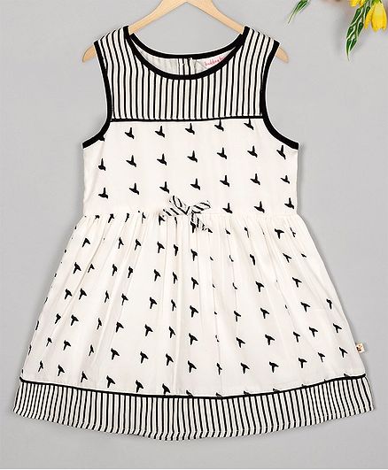 Budding Bees Sleeveless Birds Printed Dress - White