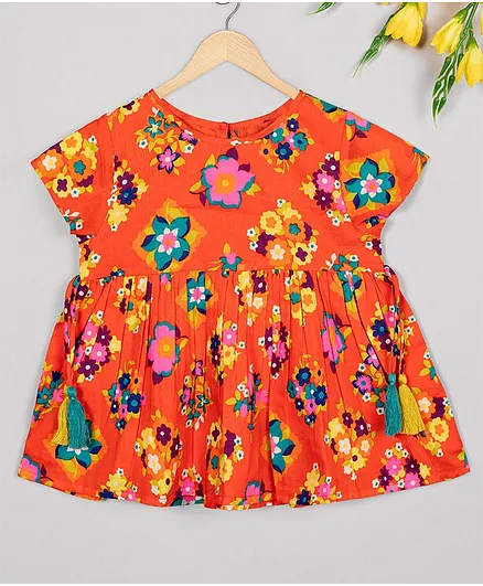 Budding Bees Short Sleeves Floral Printed Tiered Top With Tassels - Orange