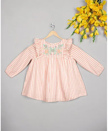 Budding Bees Full Sleeves Striped & Flower Embroidered Top - Pink
