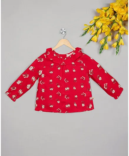 Budding Bees Full Sleeves Flowers Printed Ruffled Top - Red