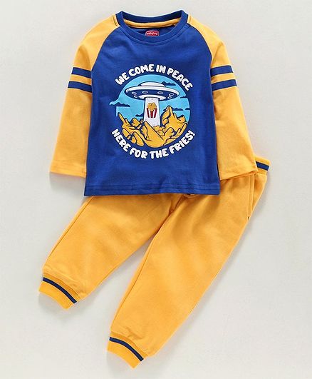 Babyhug Full Sleeves T-Shirt and Lounge Pant Set Text Print - Blue Yellow