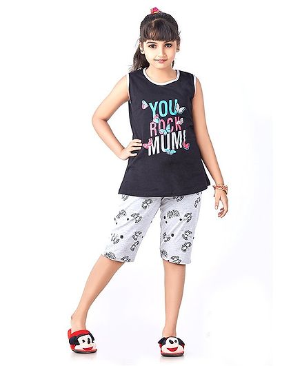 Soft Touche Sleeveless You Rock Mum Printed Night Suit - Black