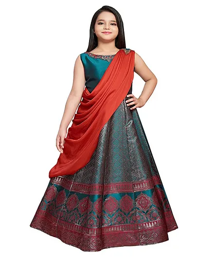 Betty By Tiny Kingdom Saree Style Zari Work Sleeveless Gown - Multi Color