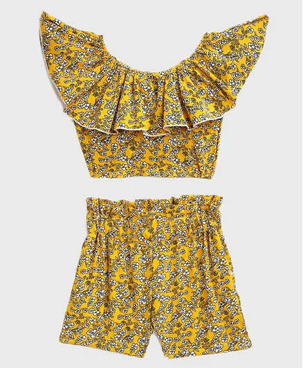 KIDSCRAFT Half Sleeves Floral Print Off Shoulder Top With Shorts - Yellow