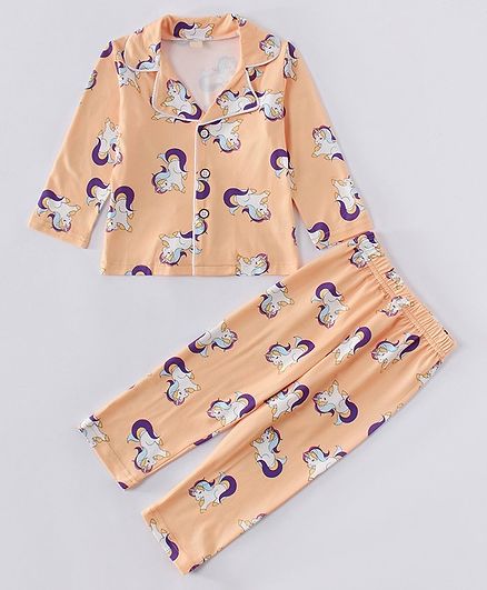 Kookie Kids Full Sleeves Night Suit Unicorn Print - Peach