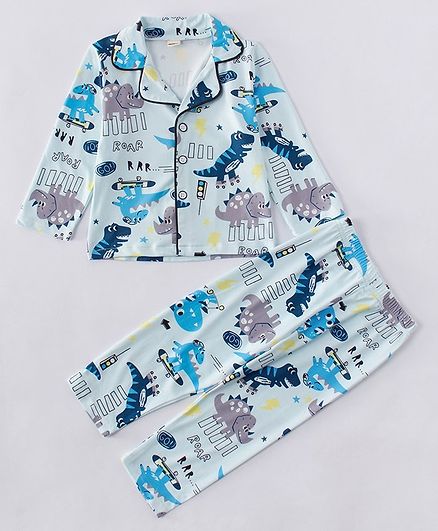 Kookie Kids Full Sleeves Night Suit Dino Print - Light Blue