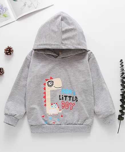 Kookie Kids Full Sleeves Hooded Sweatshirt Dino Print - Grey