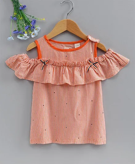Under Fourteen Only Half Sleeves Striped Cold Shoulder Top - Orange