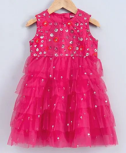 Babyhug Sleeveless Sequin & Embroidered Ethnic Dress - Fuchsia Pink