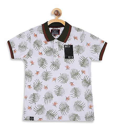 Monte Carlo Half Sleeves Leaves Print Tee - White