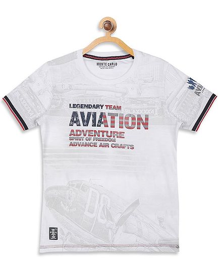 Monte Carlo Half Sleeves Aviation Print Tee - White