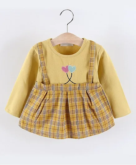 Kookie Kids Full Sleeves Check Frock Heart Embroidery - Yellow