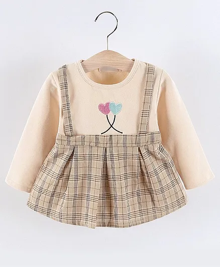 Kookie Kids Full Sleeves Checked Frock - Beige