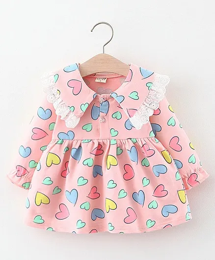 Kookie Kids Circular Flounce Sleeves Frock Heart Print - Pink