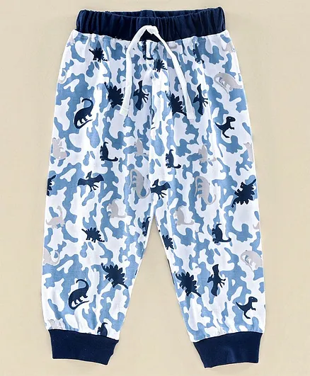 Babyhug Full Length Lounge Pant With Drawstring Dino Print - Blue White