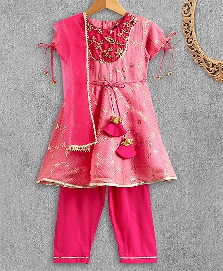 Pspeaches Foil Flower Print Short Sleeves Kurta With Dupatta & Salwar Set - Pink