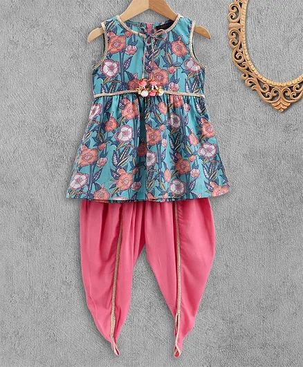 Pspeaches Sleeveless Flower Print Kurta With Dhoti Set - Blue