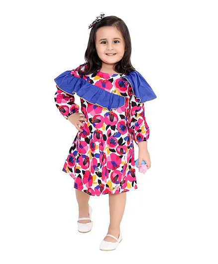M'Andy Full Sleeves Flower Printed Frill Detailing Dress - Pink & Blue