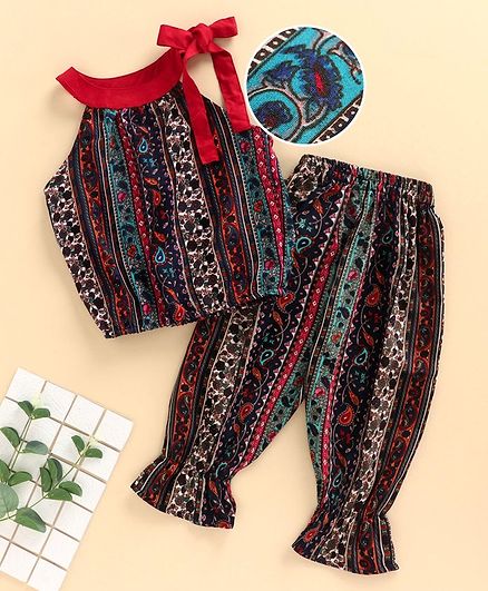 M'Andy Sleeveless Boho Print Top With Pants - Blue