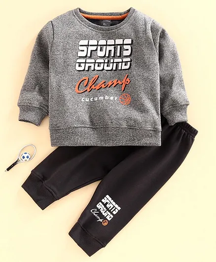 Cucumber Full Sleeves Tee & Lounge Pant Set Text Print - Grey