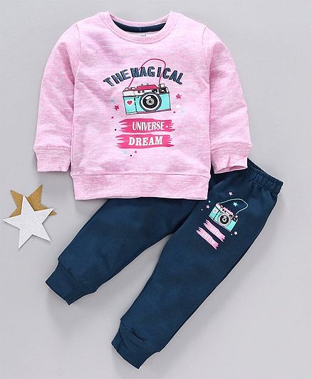 Cucumber Full Sleeves Winter Wear Tee & Lounge Pant - Pink Blue