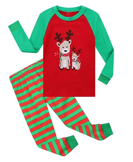 Kookie Kids Full Sleeves Winter Wear Night Suit Reindeer Print - Red
