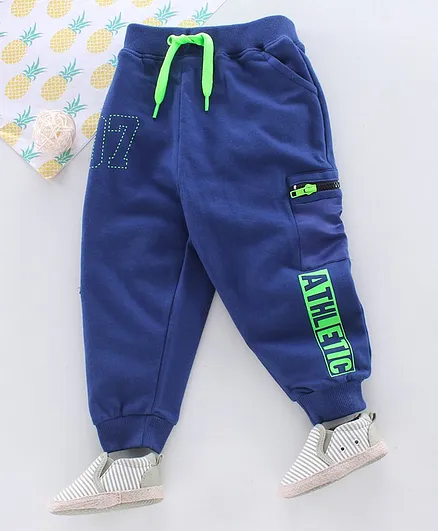Babyhug Full Length Lounge Pant With Drawstring Athletic Print - Blue