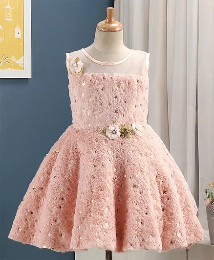 Enfance All Over Golden Stars Printed Sleeveless Flared Dress - Peach