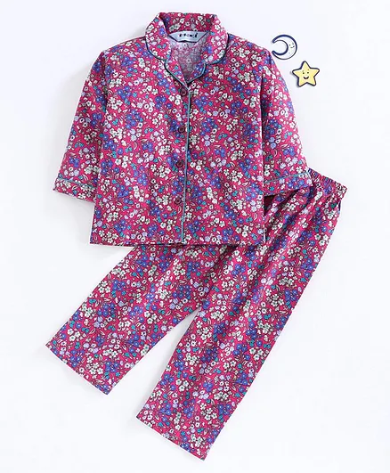 Enfance Core All Over Flower Printed Full Sleeves Night Suit - Pink