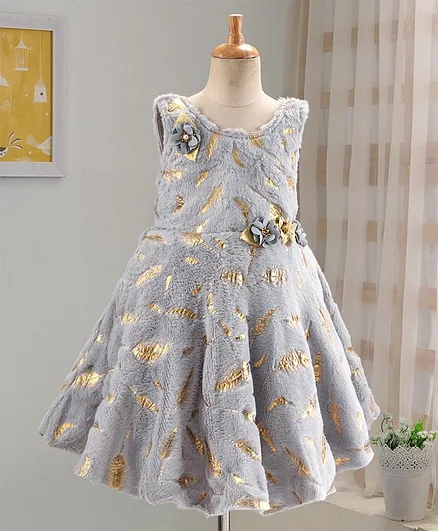 Enfance All Over Golden Feather Printed Sleeveless Flared Dress - Grey