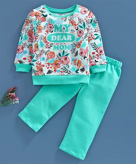 Cucumber Full Sleeves Tee & Lounge Pant Floral Print - Green