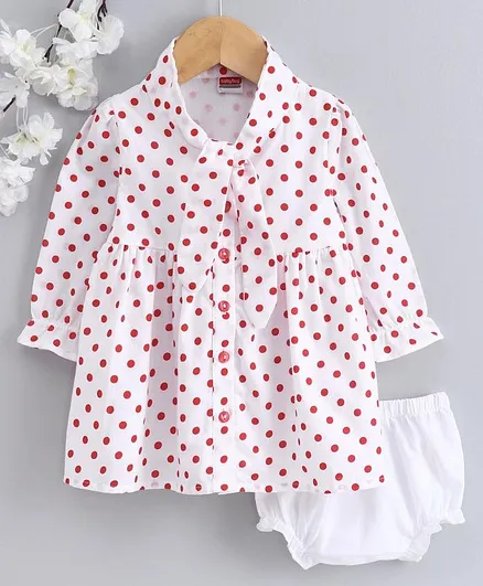 Babyhug Full Sleeves Frock with Bloomer Polka Dot Print - White