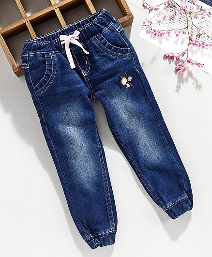 Babyhug Full Length Jeans Flower Embroidery - Blue